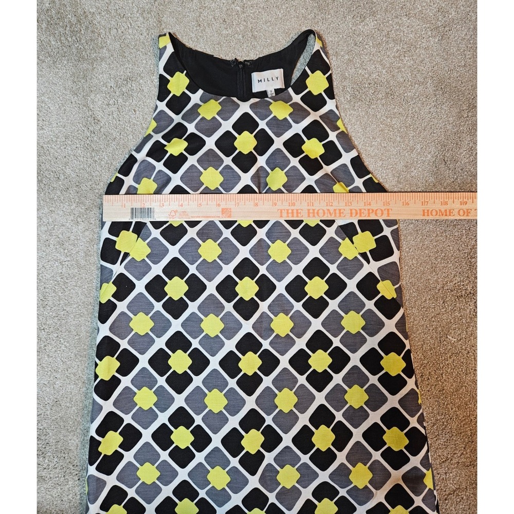 Milly Shift Mini Dress Womens Size 2 Yellow Black Geometric Silk Linen Retro 60s - Picture 4 of 8